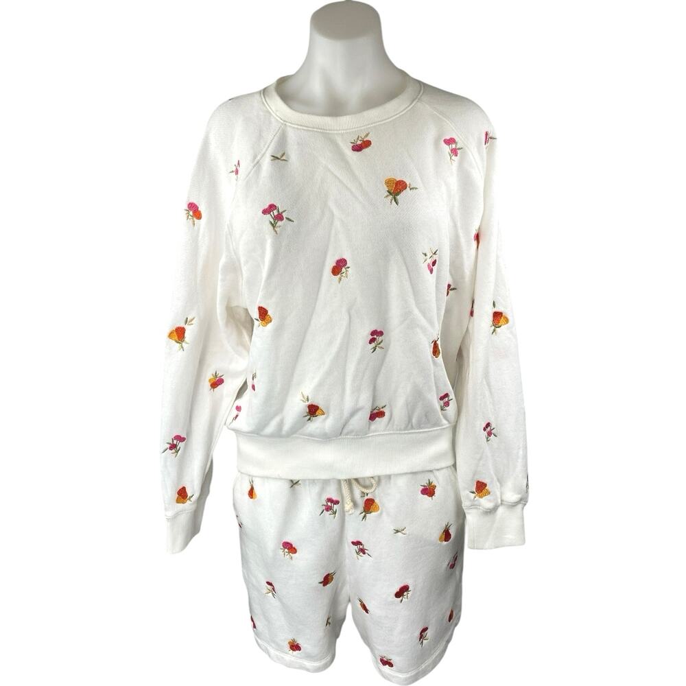 NEW Lou & Grey White Embroidered Long Sleeve Sweatshirt Shorts 2 Pc Set Size M